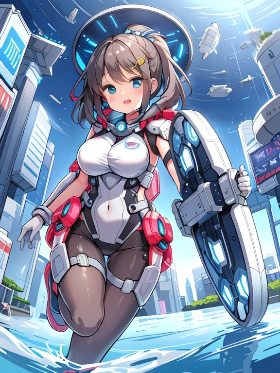 extreme detail,masterpiece,future city,with a girl (Energy Shield):1.3,Tight Fit Bodysuit,protect yourself from danger,use a shield in battle,Futuristic buildings,flying car,the shield becomes brighter,repel the invaders