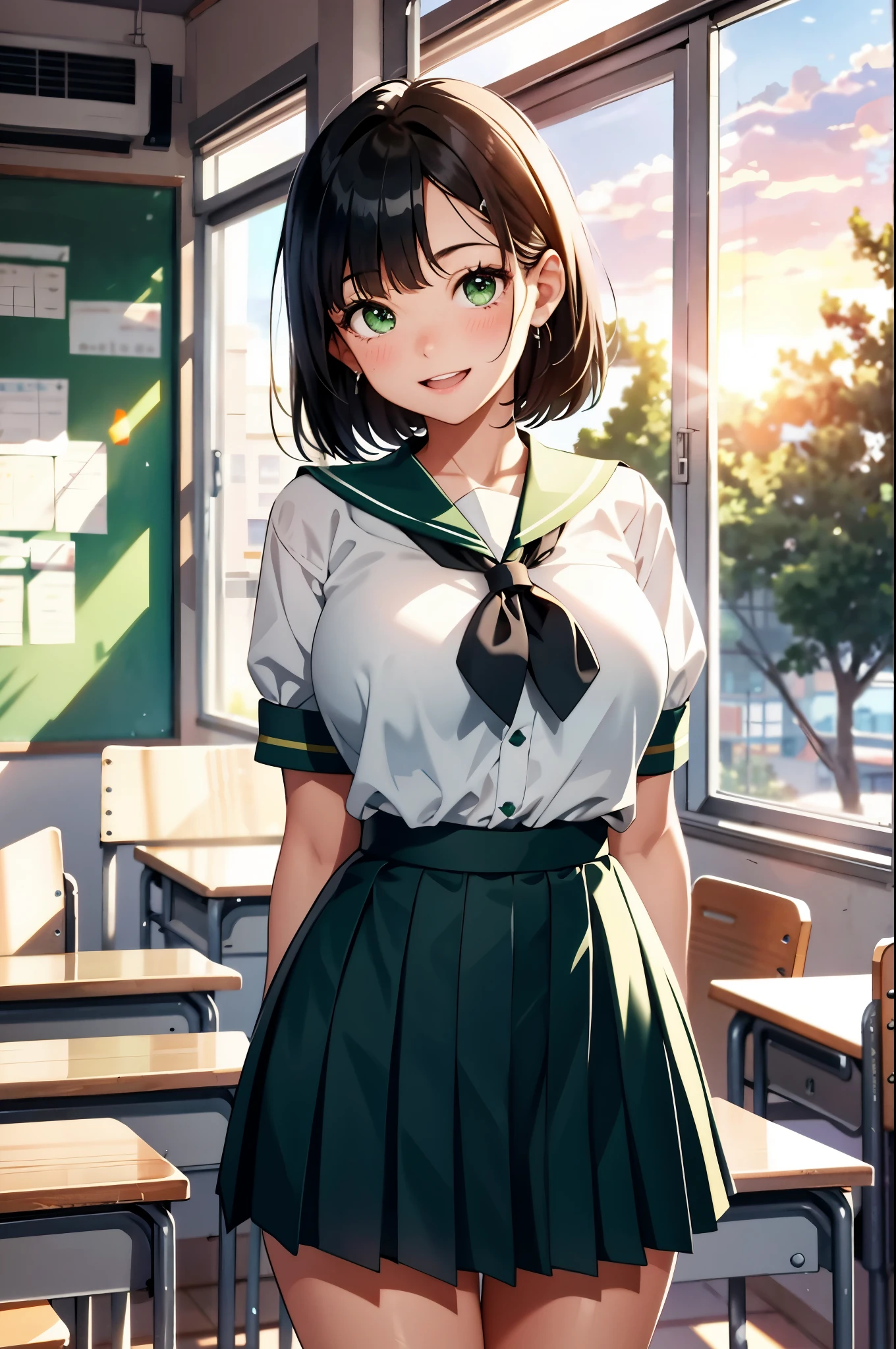 big breasts、cowboy shot、detailed face and eyes、inside the classroom、School、sunset、beautiful face、background blur、16 year old beautiful girl、Glossy skin、short hair、beautiful black hair、bangs、shining green eyes、sailor suit、pleated mini skirt、Open mouth and smile