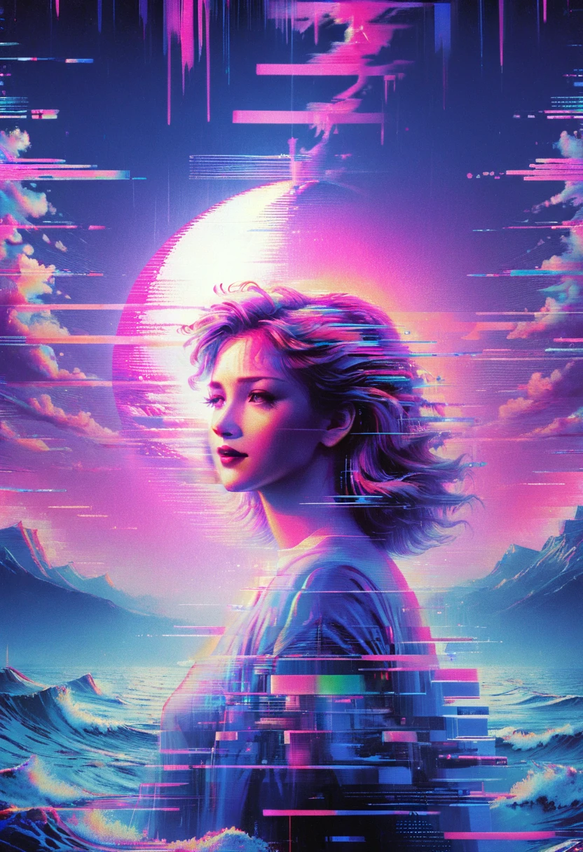 Vaporwave art, Vaporwave Aesthetic, by Drew Struzan, neon, ral-glydch, vhs glitch, panoramic, Ultra high saturation, (best quality, masterpiece, Representative work, official art, Professional, 8k), (\gu zhang feng\)