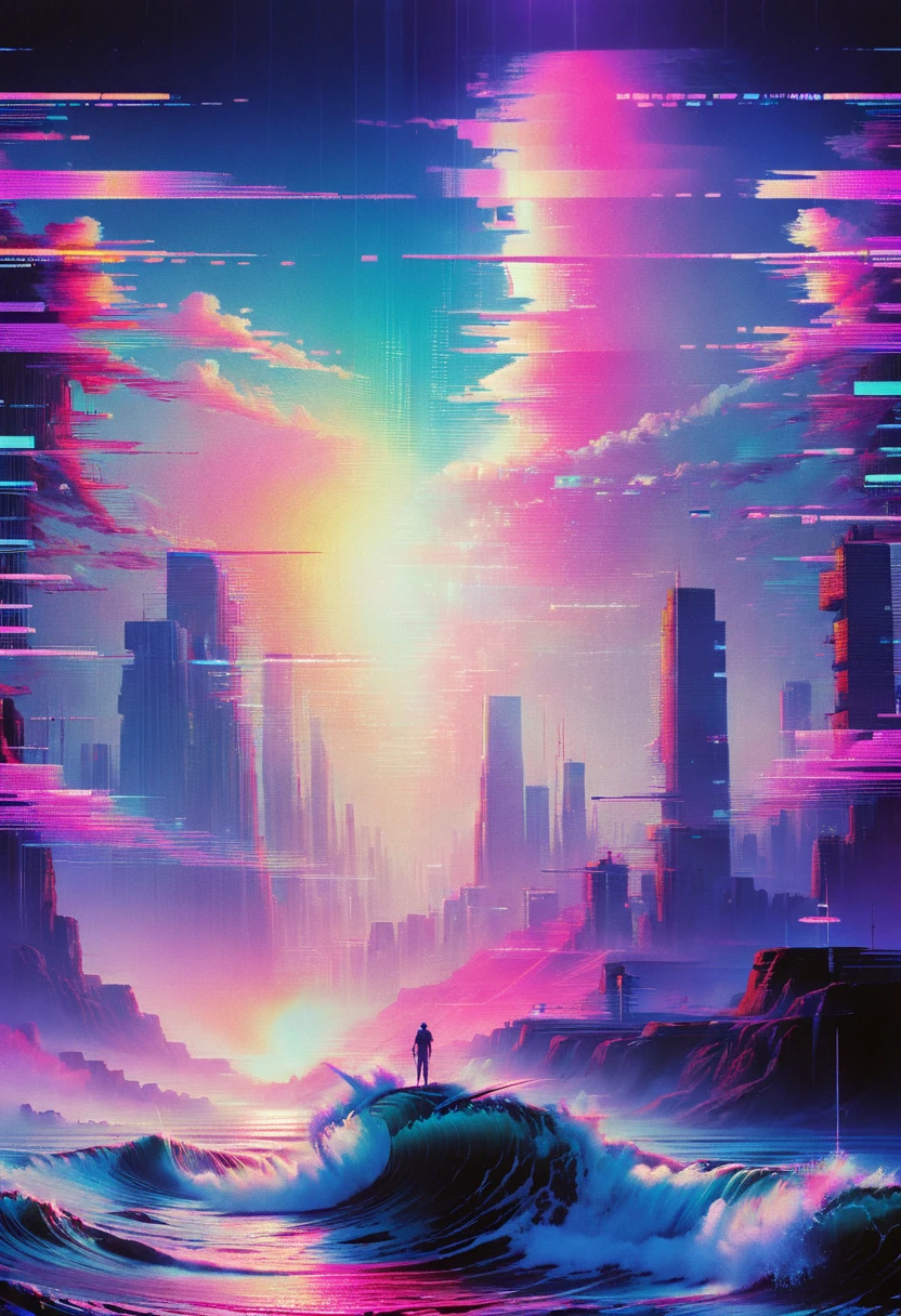 Arte Vaporwave, estética vaporwave, por Drew Struzan, néon, ral-glydch, falha de VHS, panorâmico, Saturação ultra alta, (melhor qualidade, Obra de arte, trabalho representativo, arte oficial, profissional, 8K), (\Gu Zhang Feng\)