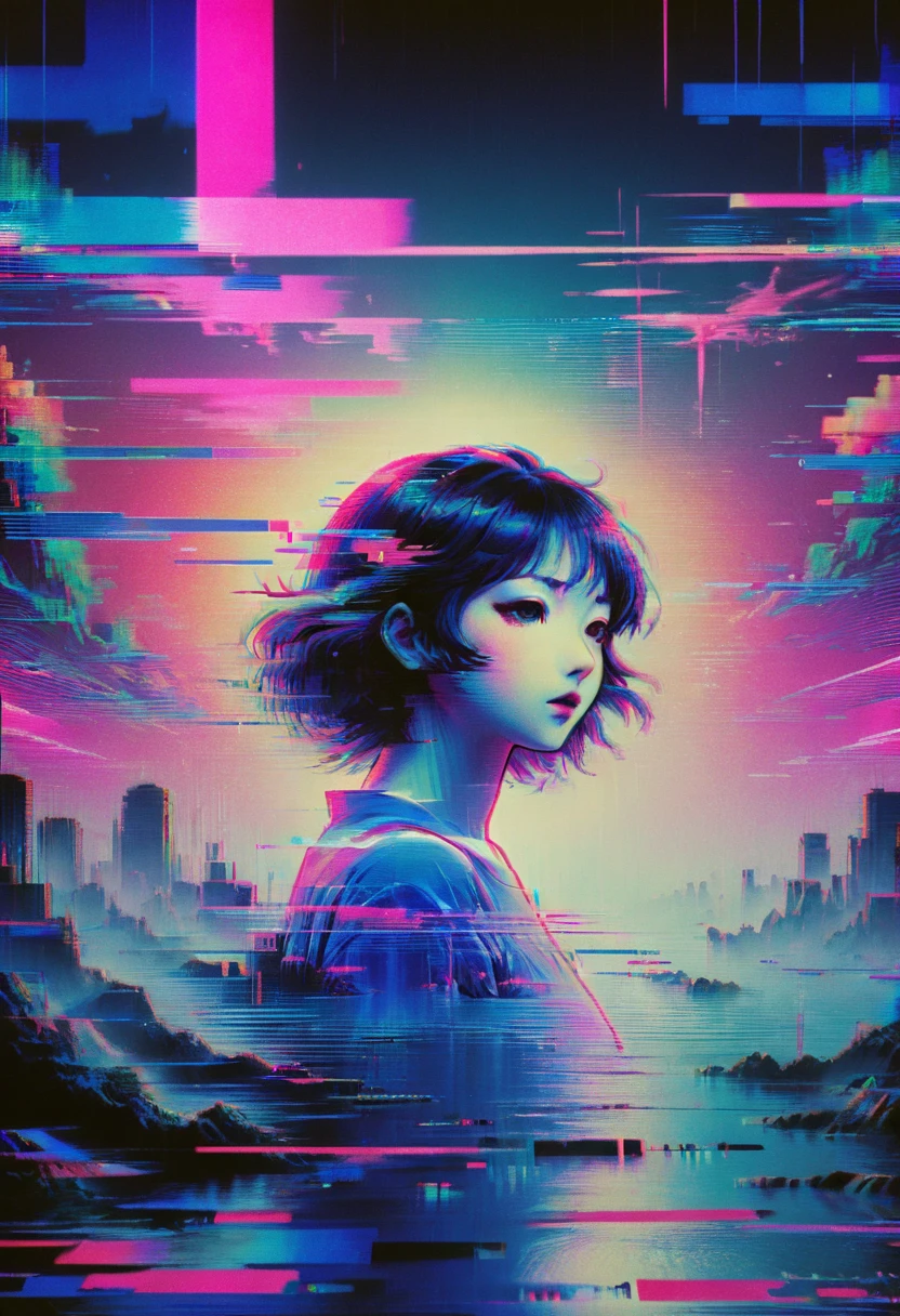 Vaporwave art, Vaporwave Aesthetic, by Satoshi Kon, neon, ral-glydch, vhs glitch, panoramic, Ultra high saturation, (best quality, masterpiece, Representative work, official art, Professional, 8k), (\gu zhang feng\)