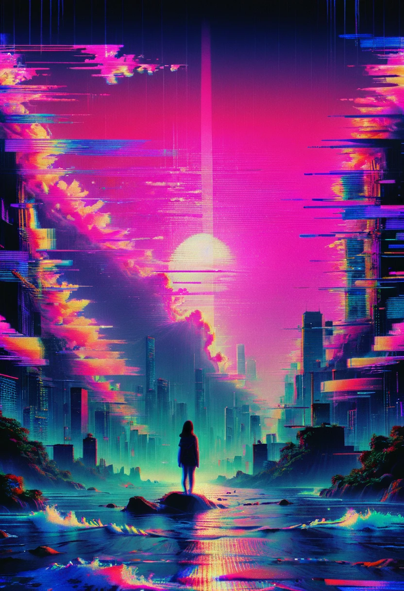 Vaporwave art, Vaporwave Aesthetic, by Satoshi Kon, neon, ral-glydch, vhs glitch, panoramic, Ultra high saturation, (best quality, masterpiece, Representative work, official art, Professional, 8k), (\gu zhang feng\)