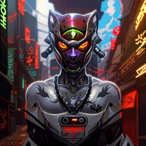 a close-up of a person with a mask and a necklace, an anthropomorphic cyberpunk fox, jett de valorant, male robotic anthro orca,...