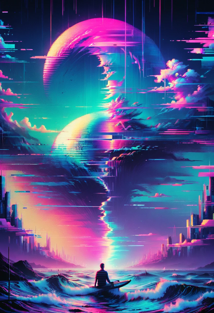Vaporwave art, Vaporwave Aesthetic, by Cyril Rolando, neon, ral-glydch, vhs glitch, panoramic, Ultra high saturation, (best quality, masterpiece, Representative work, official art, Professional, 8k)