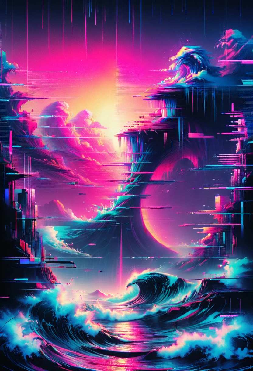 Vaporwave art, Vaporwave Aesthetic, by Cyril Rolando, neon, ral-glydch, vhs glitch, panoramic, Ultra high saturation, (best quality, masterpiece, Representative work, official art, Professional, 8k)