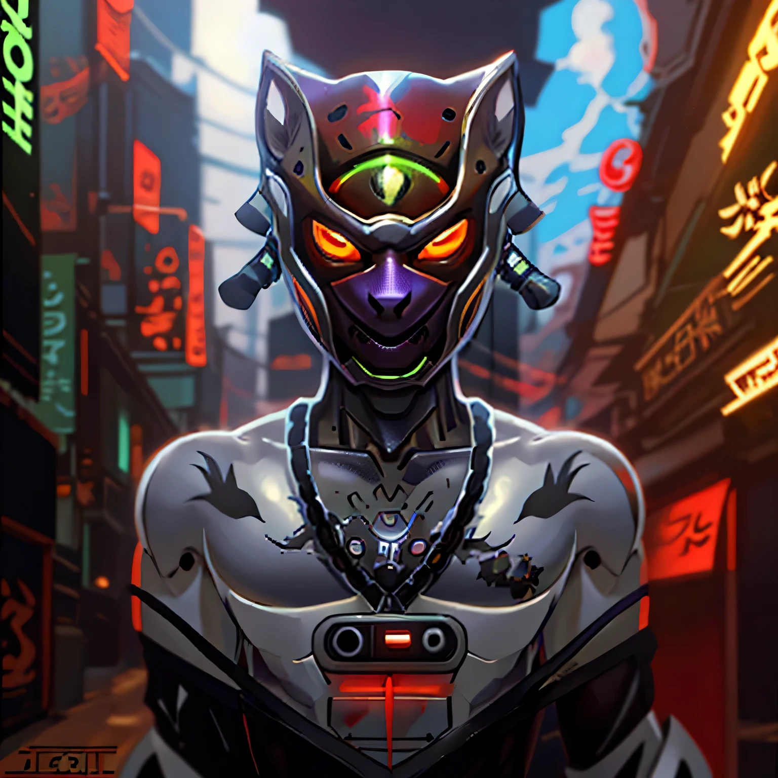 um close-up de uma pessoa com uma máscara e um colar, uma raposa cyberpunk antropomórfica, avaliação do jato, antro orca robótica masculina, Ciborgue de Caracal, presságio de valorant, anime mangá robô!! tatuagem de gato, Comissão de alta resolução, estilo cyberpunk, Ciborgue Jackalope Cyberpunk, Genji em Overwatch, gato cyberpunk, baixa resolução