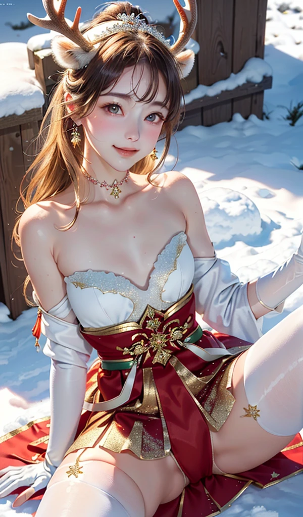 masterpiece, best quality, extremely detailed CG unity 8k wallpaper, (Upper Body head close-up shot of a beautiful deer little girl), Wendy, Elegant Long straight blonde hair, ((Mckenna Grace)), (((flat chest))), ((red green)) golden ((Glittering tutu,Short Antler Headgear, Neckband, glove, zettai ryouiki)), (((spread legs))), (Blush), oil skin, (seductive smile), ((Snowfield, outdoors)), pretty face, key art, award winning, intricate detail realism hdr, by (ruan jia and artgerm and range murata), Photorealism, Hyperrealism, ultra realistic, dramatic light, intense shadows, gorgeous view, depth of field