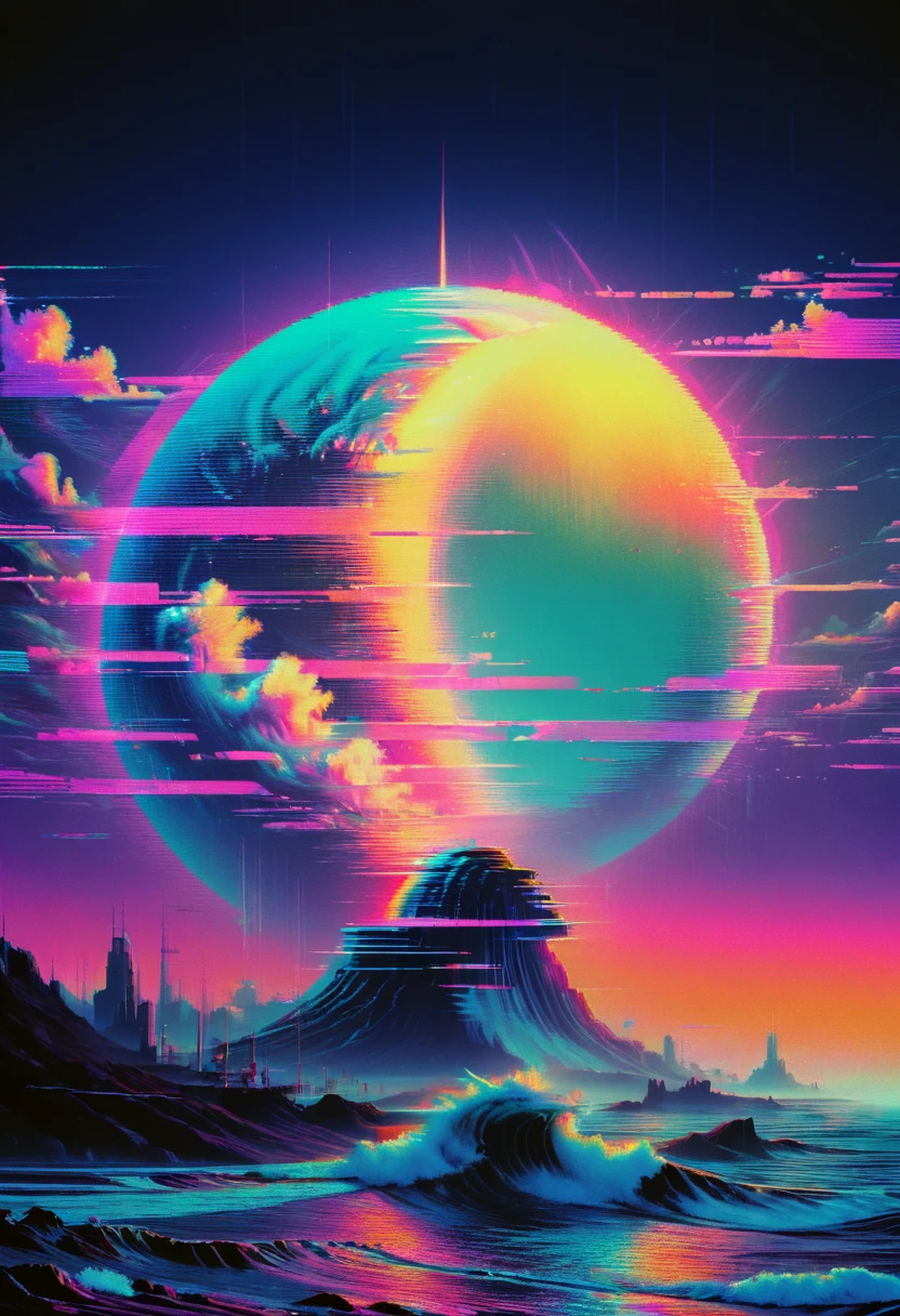 Vaporwave art, Vaporwave Aesthetic, by Ralph McQuarrie, neon, ral-glydch, vhs glitch, panoramic, Ultra high saturation, (best quality, masterpiece, Representative work, official art, Professional, 8k)
