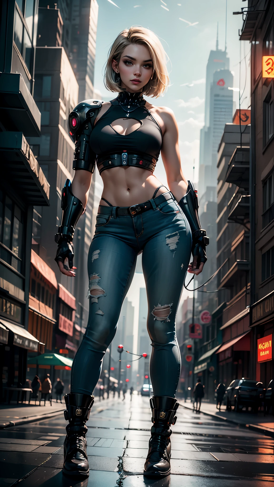 imagem realista super detalhada], [obra-prima], Alexis Texas como uma cyberpunk com cabelo loiro curto e espetado, bright green eyes and a circuit tattoo on the neck. Ela usa um casaco de couro preto com detalhes em neon, uma blusa branca rasgada, a pair of grey jeans and black boots. She has a bionic arm with metal claws and a neural interface implant in her right temple. She holds a laser pistol in her left hand and a holographic device in her right hand. She's on a busy street in a futuristic city, surrounded by tall buildings, Tecidos gigantes, carros voadores e pessoas de diferentes estilos e etnias. She has a confident and defiant expression, como se estivesse pronta para enfrentar qualquer perigo.