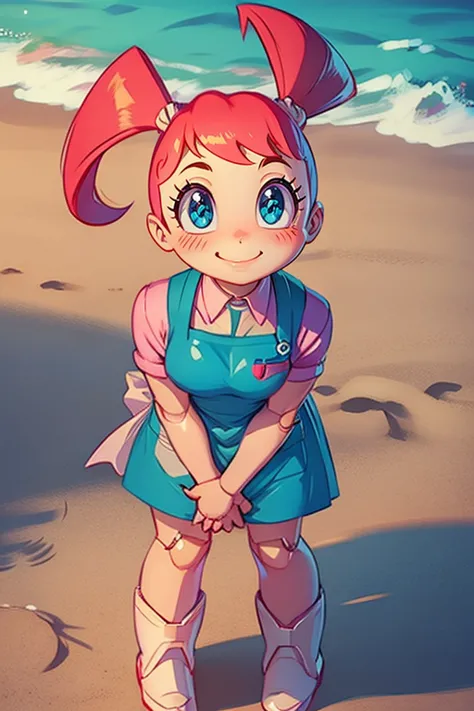 nurse joy, hair rings, bangs, nurse cap, pink collared dress, apron, Jenny standing in beach. looking at viewer. Smiling. Hand o...