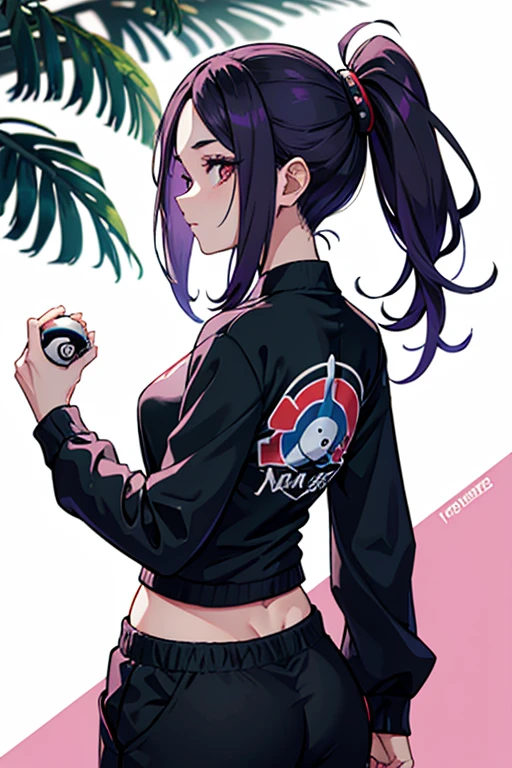 mulher bunita 18- 19 anos de idade, na floresta, com cabelo roxo e curto, a short shirt with long sleeves and black sweatpants with a pokeball in his hand and a Noivern on the back