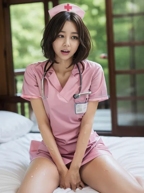 ((とても美しい看護師がベッドの上in服を脱ぎます)). ((Wearing a transparent pink nurse uniform: 1.5)).table top,highest quality,Super detailed,
japanes...