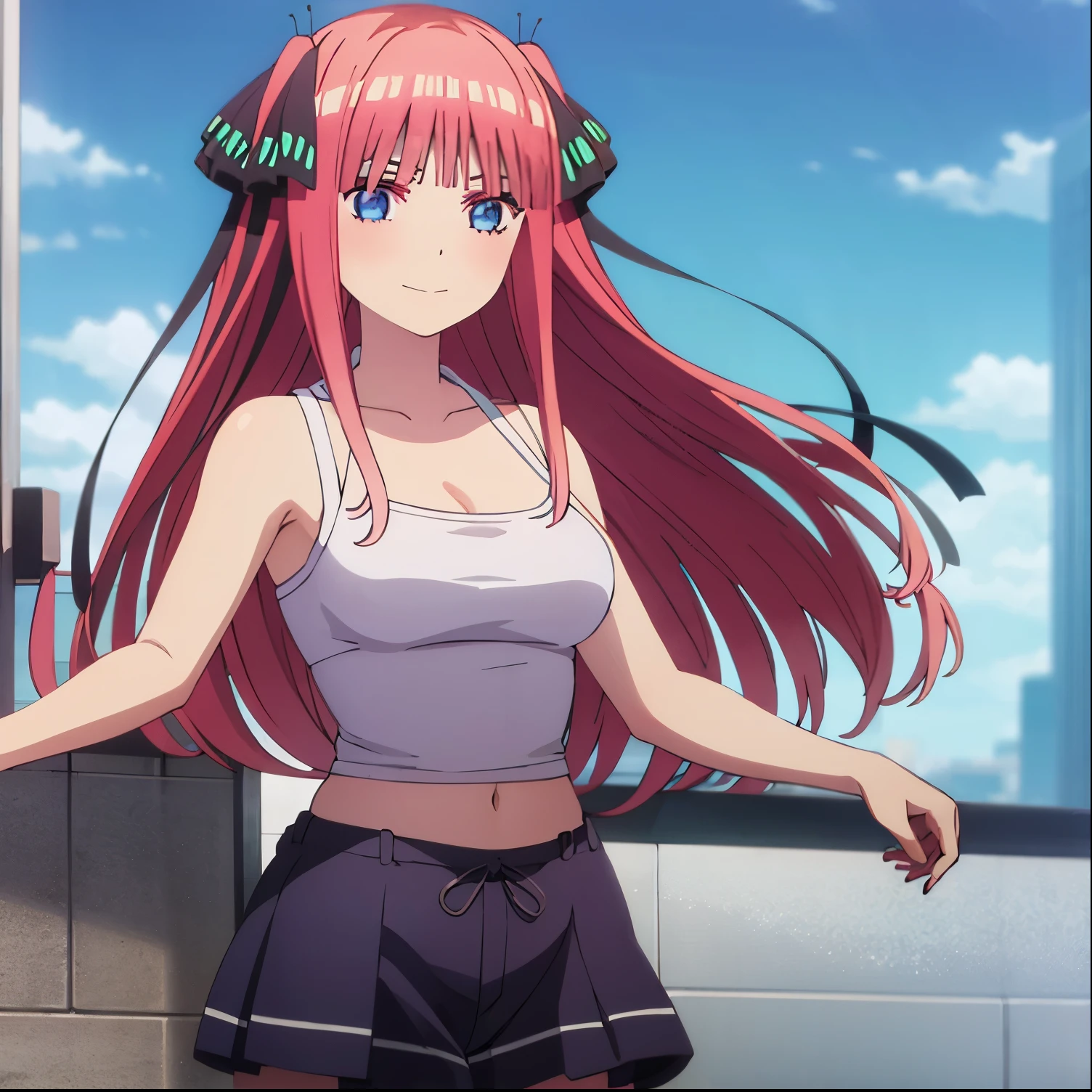 Anime girl with long red hair and blue eyes standing in front of a window -  SeaArt AI