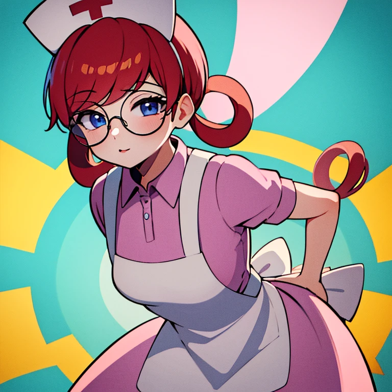 (masterpiece, absurdres, :1.2), 1girl, solo, cell shading, best quality, extreme detail, perfect face, Penny, hair rings, bangs, nurse cap, pink collared dress, apron