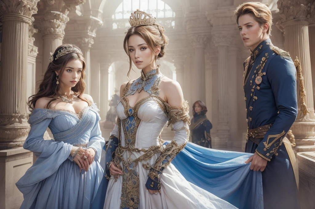 CG ultra realista 16K, obra maestra, mejor composición, calidad de la foto, personaje principal - princesa, se encuentra la princesa del imperio, short cordón dress, el vestido es todo transparente, muchos tonos azules y dorados, muchos diamantes y flores, hombros expuestos, cordón, изящные cordón, vestido muy corto, levanta la falda, corona de flores brillantes, ORO y DIAMANTES, hay guardias formidables alrededor, encogido, damas de honor y baronesas, Detalle de la cara ultra, de pie en el balcón de la sala del trono, al fondo hay decenas de enormes starliners, En el contexto de la ciudadela inexpugnable del imperio., al fondo hay altas torres de batalla con enormes cañones pesados, Alto detalle, muchos elementos, transportes voladores, buques de carga de la guardia de la princesa voladora, grifo, Manipuladores. rayos de sol, A lo largo de los lados hay muchas baterías de artillería detalladas., El futuro lejano, criaturas extraterrestres, hay miles de cazas e interceptores en el cielo, muchas flores en jarrones y ramos, mes, mucha seda dorada y azul, calle.