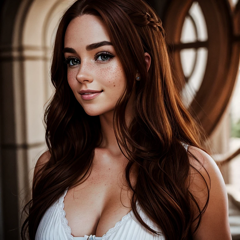 front portrait of a stunning girl, shy smile, detailed eyes, eyelashes, freckles, humongous breasts, auburn hair, super long hair, wavy hair, looking at viewer, natural lighting::1, [shy smile]::1, natural features, canon eos 6::1, 50mm lens::1
