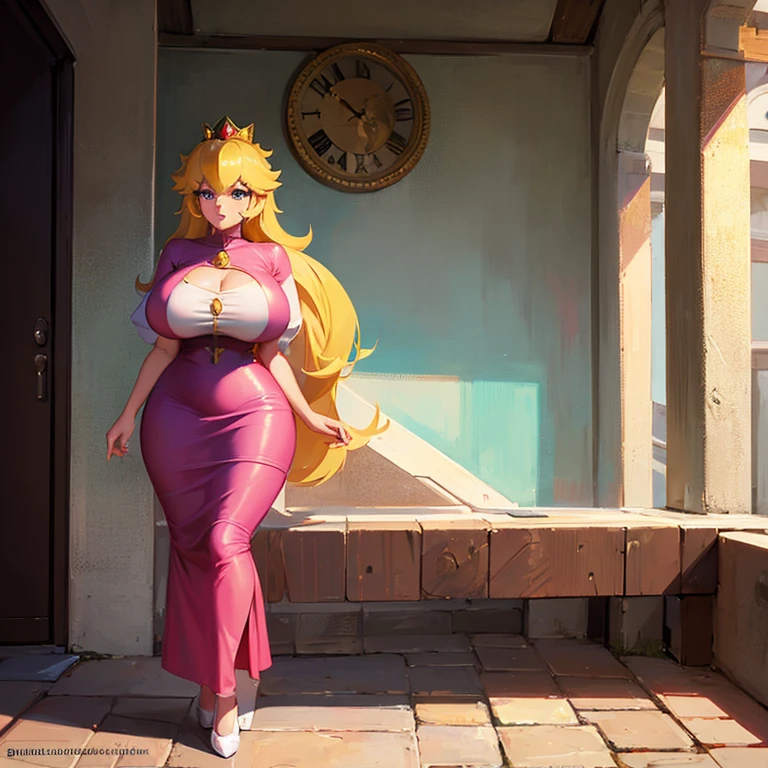 1girl, Princess Peach, rubia, vestido rosa entallado, ruborizada, Curvy body, gigantic breast, escote, sexy, standing, from behind