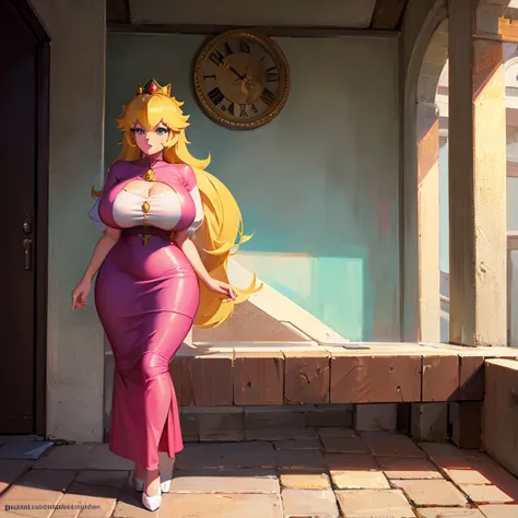 1girl, Princess Peach, rubia, vestido rosa entallado, ruborizada, Curvy body, gigantic breast, escote, sexy, standing, from behi...