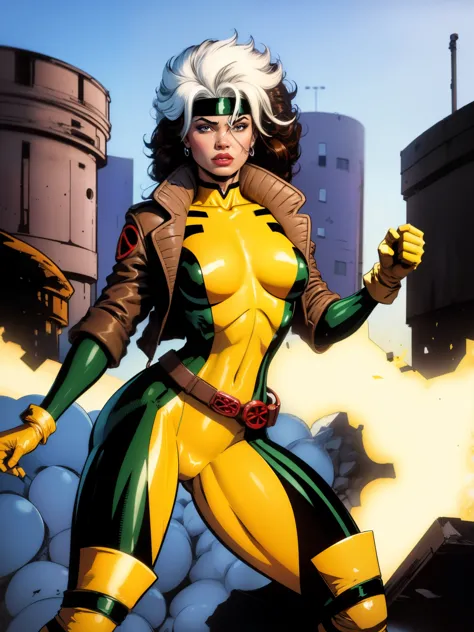 
(((COMIC STYLE, CARTOON ART))), cinematic. 01 girl, solo, lonly, A comic-style image of Rogue member of the X-Men in dynamic combat pose, fight pose. A woman with brown hair with a white streak, green eyes and special gloves. She is agry, a war Battlefiel...