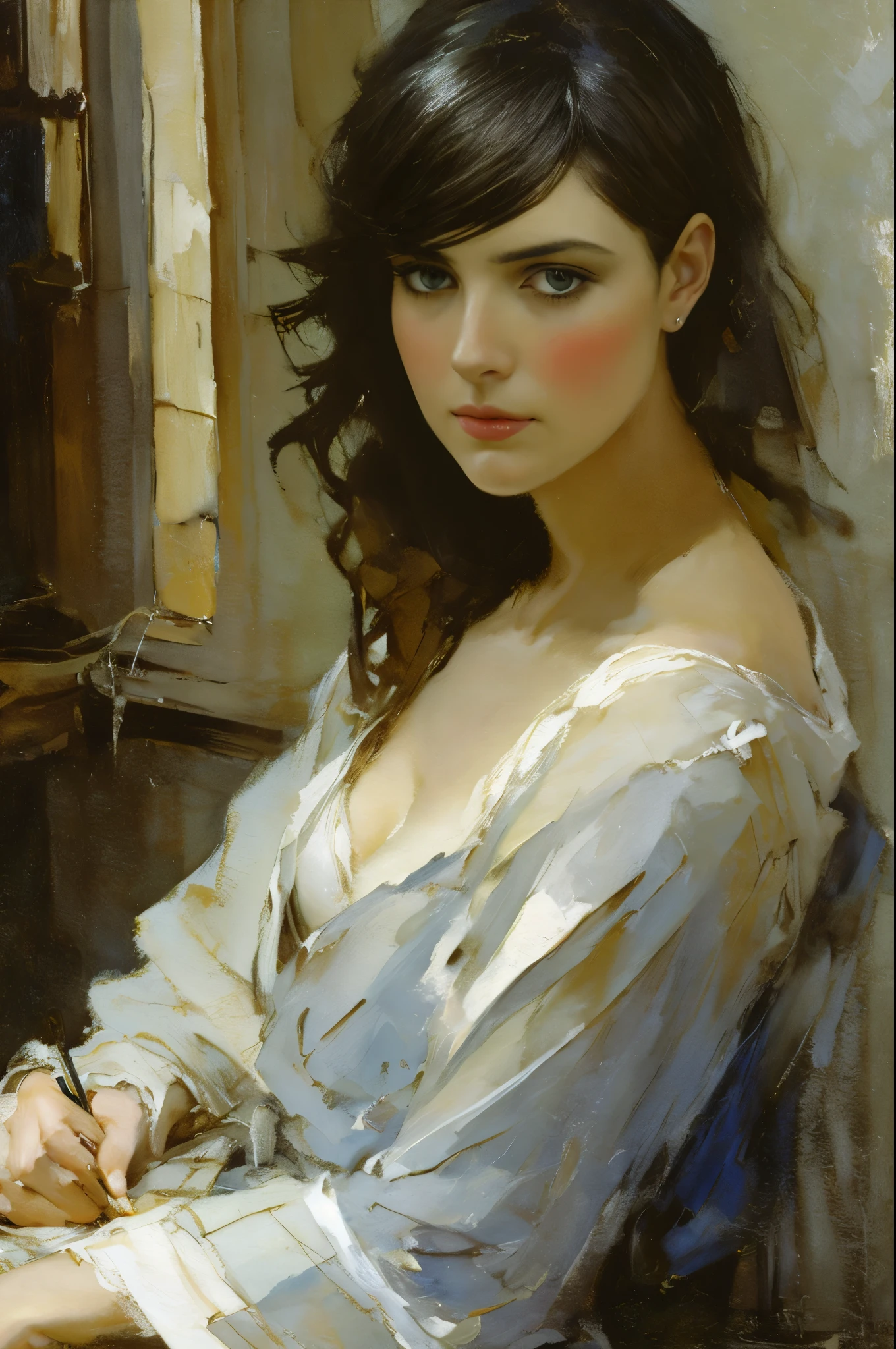 painting of woman, with influence of Jeremy Mann, Jeremy Mann, style of Jeremy Mann, Jeremy Mann painting, Jeremy Mann art, Ron Hicks, Liepke, Jeremy Mann and alphonse mucha, Works that influenced Edmund Blampid, robert lenkiewicz, Casey Baugh and James Jean, Works that influenced Willem Kalf, Nick Alm, tumbler, figurative art, Intense watercolor painting, watercolor detailed art,Beautiful and expressive paintings, Beautiful artwork illustration, wonderful, cool beauty, highest quality, official art, perfect composition,perfect angle, best shot, women only, sharp outline, melancholy, nostalgia, nostalgia, Eyes without pupils, color eye, ideal anima, In search of lost time, marcel proust, sentimental, Full body Esbian, The vague line between past and present, Recall, outdoor, Paris in the first half of the 20th century, Montmartre, Mysterious, On a street corner, Dignified standing figure, The Flower of the Social World