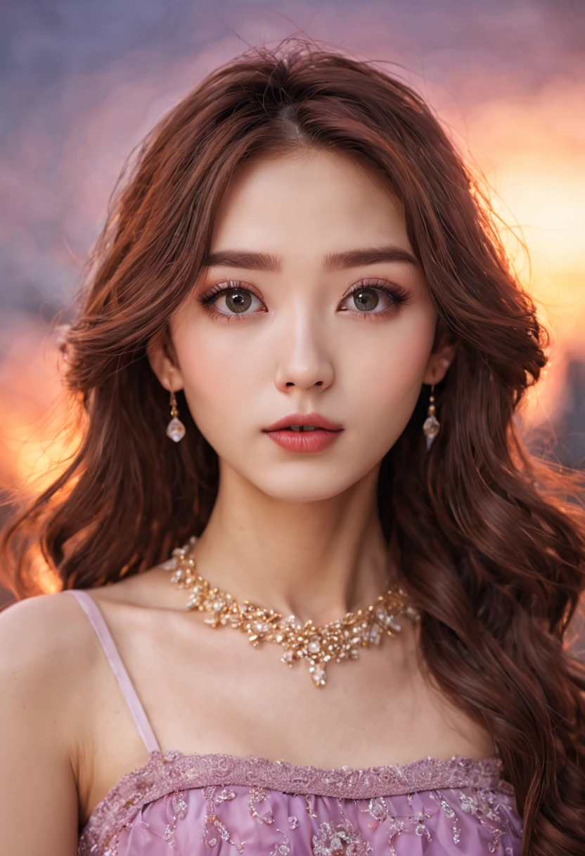 首にネックレスを着けた女性のクローズアップ, ワン愛らしい韓国の顔, 韓国人の顔の特徴, 美しい美的顔, かわいらしい瞳で, 人気の韓国メイク, 若くて愛らしい韓国人の顔, 愛らしく繊細な顔, 若くてかわいいアジア人の顔, 丸い顔, CG 統一 (過激) 詳細 8k 壁紙, 傑作, 最高品質:1.2), 高いディテール, 最高の画質, シュール, 口紅, 比類のない美しさ, 長い髪 (バイオレット) 巻き毛, 絶妙で完璧な顔立ち, 顔を真っ赤にする, 体 見事な体型, 中くらいの胸, スタイリッシュ, スリムなウエスト, 非常に詳細な顔と肌の構造, 色白, 調和のとれた顔のディテール, 色白, 二重まぶた, ポニーテールと白いドレス, かわいい丸いつり目, 可愛いナチュラルフェイス, 丸くてよく描かれた目, 透明感のある可愛い顔, リアルで美しい大きな目, キラキラ光る目, 魂のこもった目, かわいい目, 二重まぶた, ソフトメイク, 視聴者に近づく, カメラアングル, ダイナミックアングル, 街の夕日