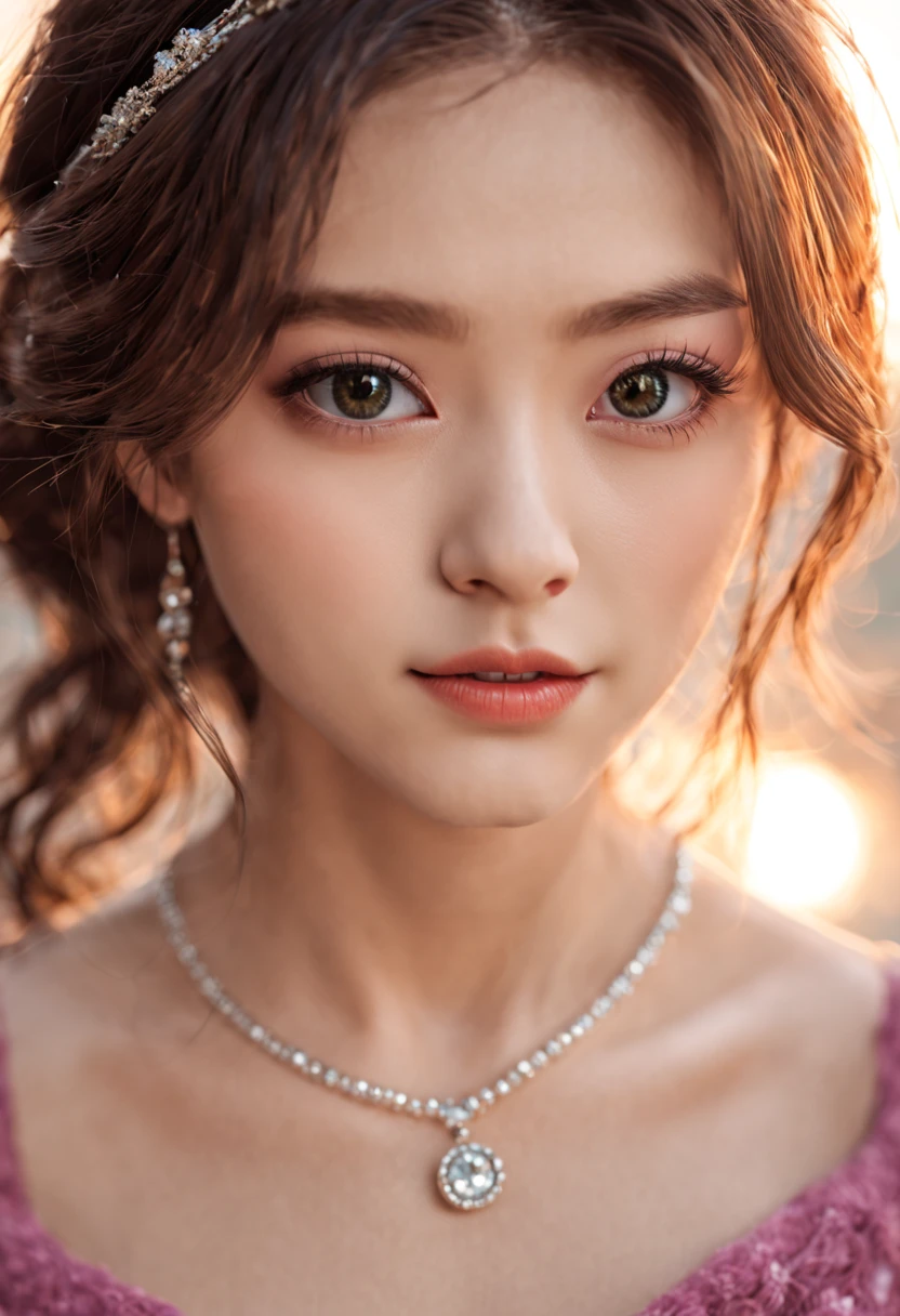 首にネックレスを着けた女性のクローズアップ, ワン愛らしい韓国の顔, 韓国人の顔の特徴, 美しい美的顔, かわいらしい瞳で, 人気の韓国メイク, 若くて愛らしい韓国人の顔, 愛らしく繊細な顔, 若くてかわいいアジア人の顔, 丸い顔, CG 統一 (過激) 詳細 8k 壁紙, 傑作, 最高品質:1.2), 高いディテール, 最高の画質, シュール, 口紅, 比類のない美しさ, 長い髪 (バイオレット) 巻き毛, 絶妙で完璧な顔立ち, 顔を真っ赤にする, 体 見事な体型, 中くらいの胸, スタイリッシュ, スリムなウエスト, 非常に詳細な顔と肌の構造, 色白, 調和のとれた顔のディテール, 色白, 二重まぶた, ポニーテールと白いドレス, かわいい丸いつり目, 可愛いナチュラルフェイス, 丸くてよく描かれた目, 透明感のある可愛い顔, リアルで美しい大きな目, キラキラ光る目, 魂のこもった目, かわいい目, 二重まぶた, ソフトメイク, 視聴者に近づく, カメラアングル, ダイナミックアングル, 街の夕日