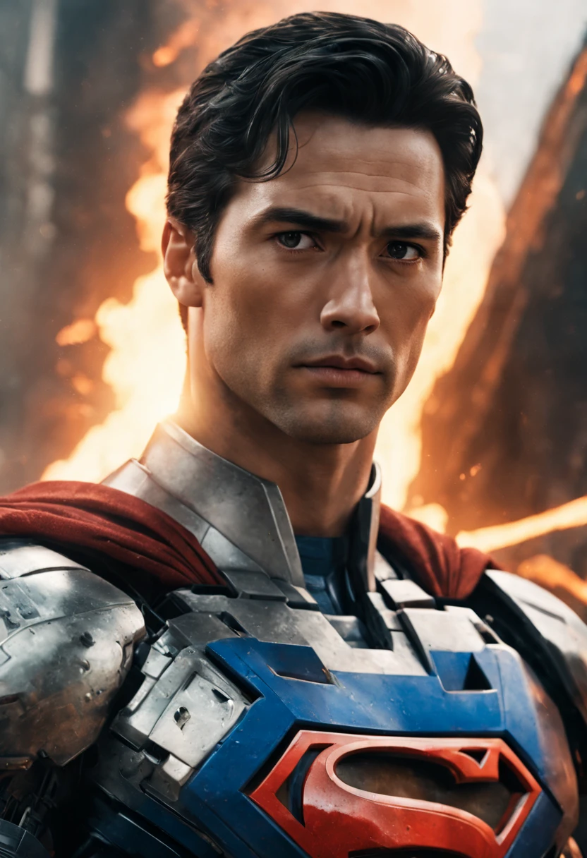 eine Nahaufnahme von einem Superman, der vor einem Feuer steht, Transformer cinematic universe, Wojtek FUS, HQ-4K-Hintergrundbild, Transformer : Der letzte Ritter, in the movie Transformer, thertrevkaiser, Dwayne Johnson als Superman, Artstation-Meisterwerk, Superroboter, Goku verschmolzen mit Optimus Prime, japanischer DC-Realfilm, HD-Hintergrund, inspiriert von Zack Snyder