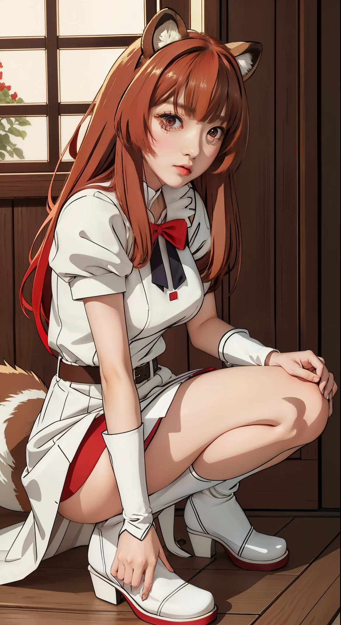 (masterpiece, highest quality),  intricate details,
1 girl,  Raphtalia, white dress、sexy,squatting down、Spread your legs and show off your panties、White miniskirt separate leather bodysuit、、spread legs,show white panties,animal ears, brown hair, long hair, raccoon ears, a racoon girl, raccoon tail, (red eyes:1.5), tail, 
 Hestia Cosplay, rei no himo,