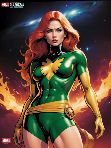 (((A comic style, cartoon art))), A comic book-style image of Jean Grey in dynamic epic hero pose, with her as the central figure. She is standing with her hands on her hips, looking straight ahead with determination. She wears a green and gold outfit, (((...