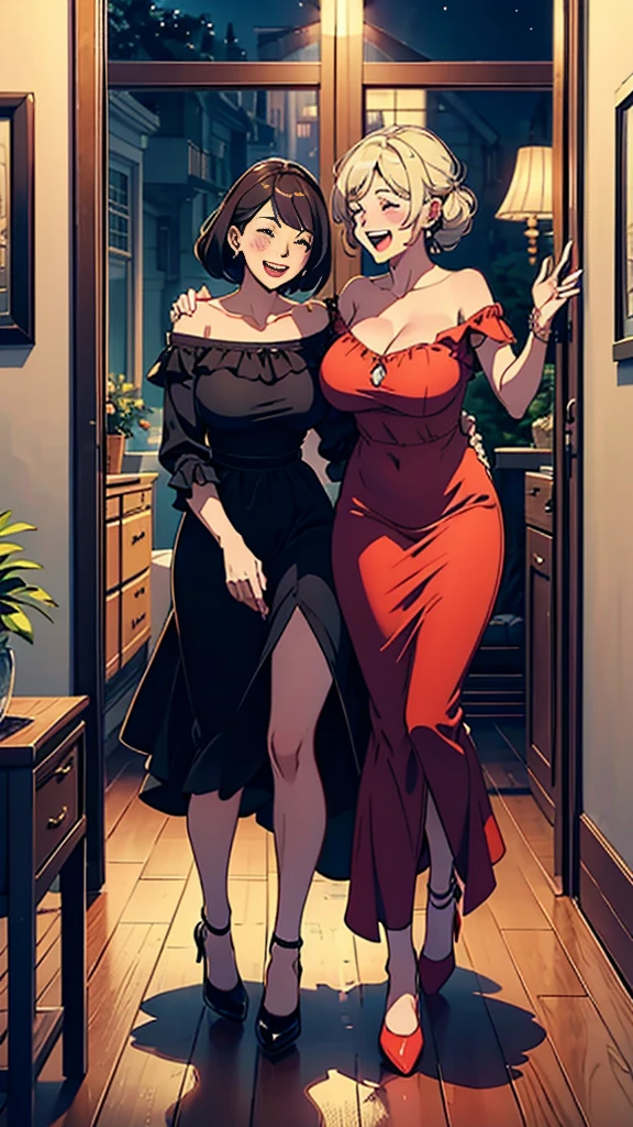 (masterpiece), (detailed background) Two romantic mature womans with big breasts in love, entering a dark bedroom without lighting, at night, wearing rich long dresses, both drunk, laughing, blushing, front view