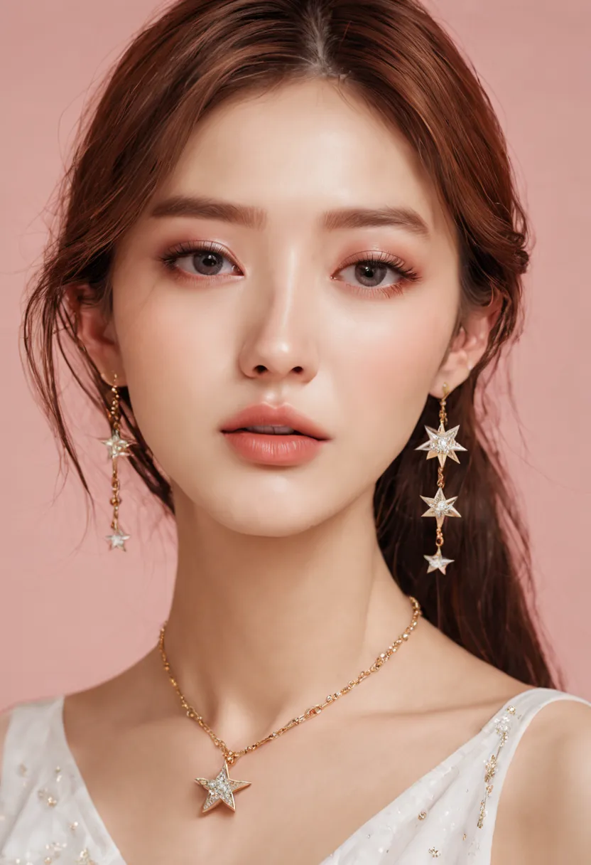 a woman with a wearing very delicate necklace with star and Moon Pendant from Swarovski around her neck, adorable Korean face, b...