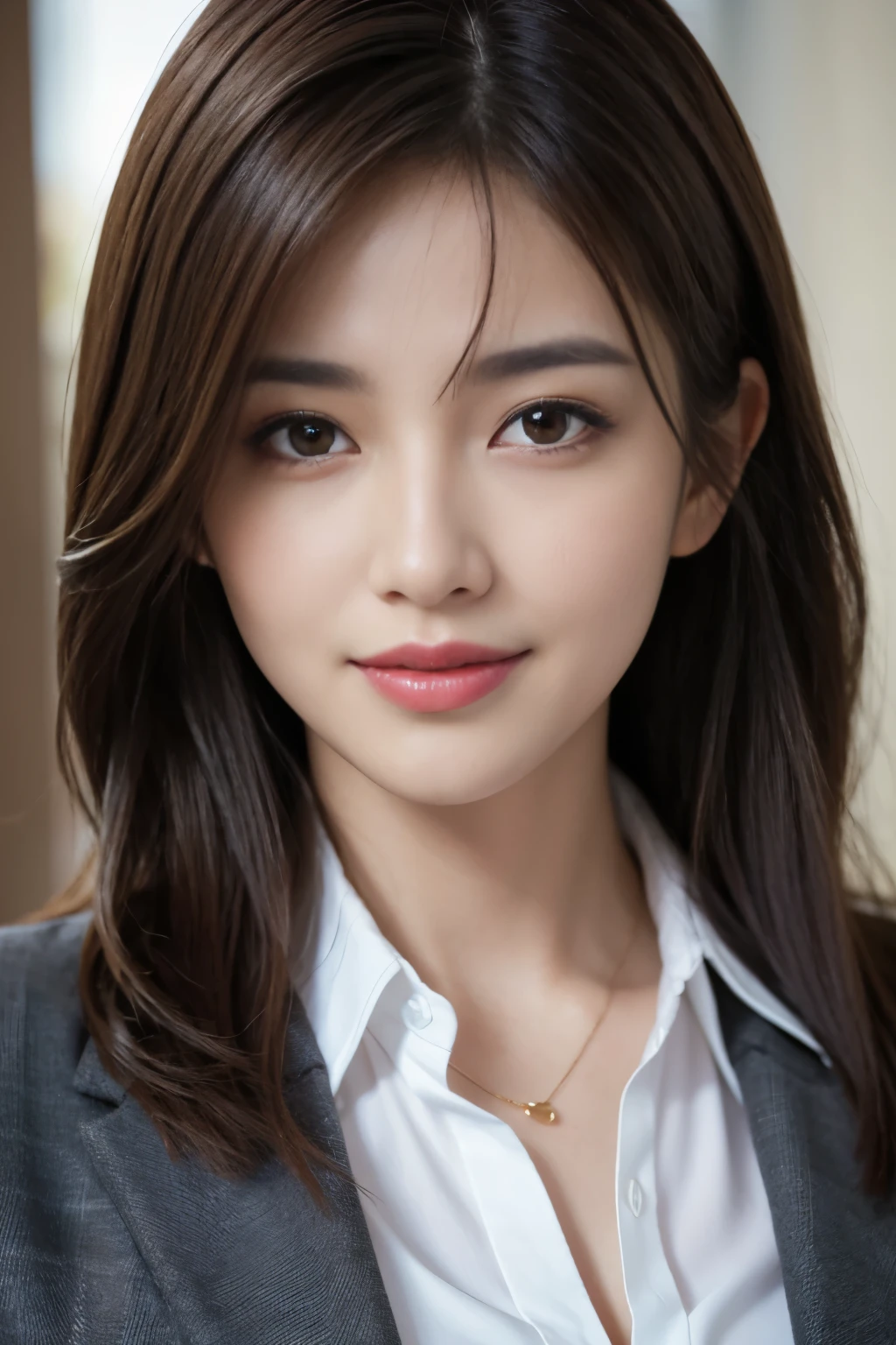 table top、highest quality、real、Super detailed、finely、High resolution、8k wallpaper、one beautiful woman、、、light brown disheveled hair、wearing a business suit、sharp focus、perfect dynamic composition、beautiful detailed eyes、thin hair、Detailed and realistic skin texture、smile、close up portrait、model body shape