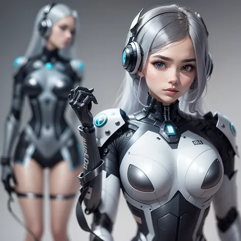 two silver a woman, futuristic robot body, female cyborg. high resolution, robotic body, gynoid cyborg body, half robot and half...