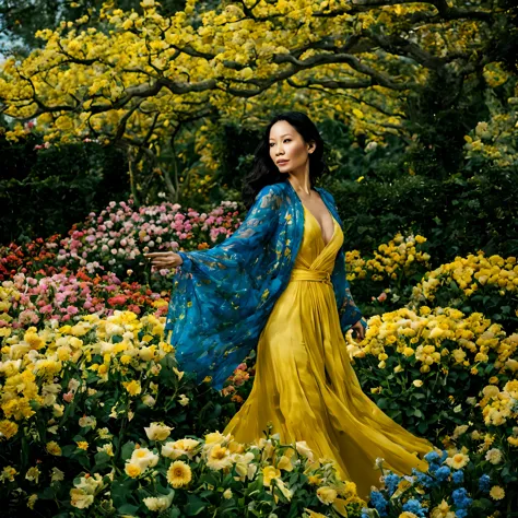 em um jardim perfumado, the blind woman (lucy liu), (28 anos), com um vestido longo amarelo claro com detalhes em vinho, is stan...