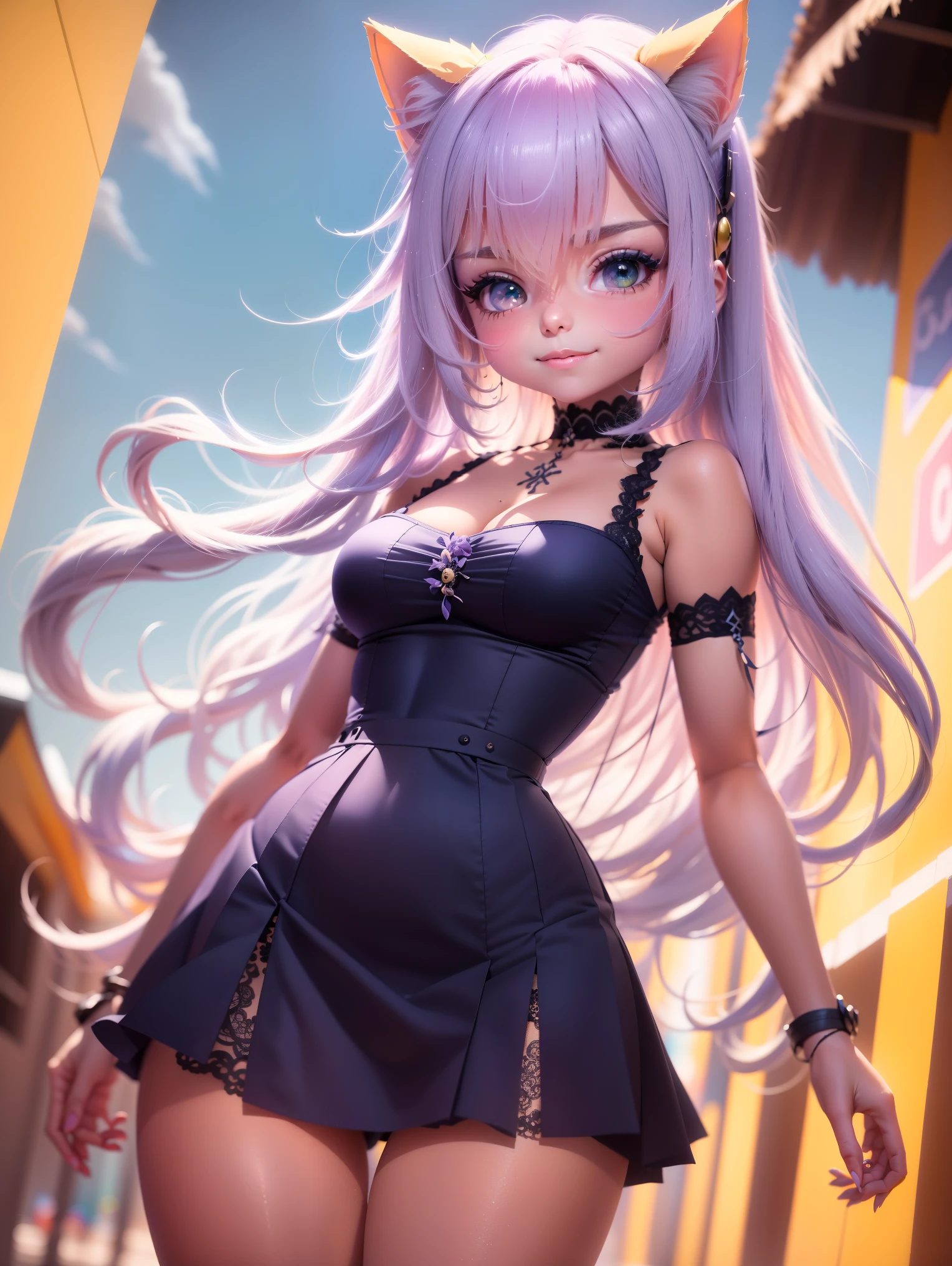 (Masterpiece artwork), (best qualityer), (ultra detali), (fully body: 1.2), Woman, adolescent, fantasy universe, light and detailed dress, clear smile, fully body, :3, badass clothing, princesselise, green hair tones, lilac and blue, simple pastel tone background.