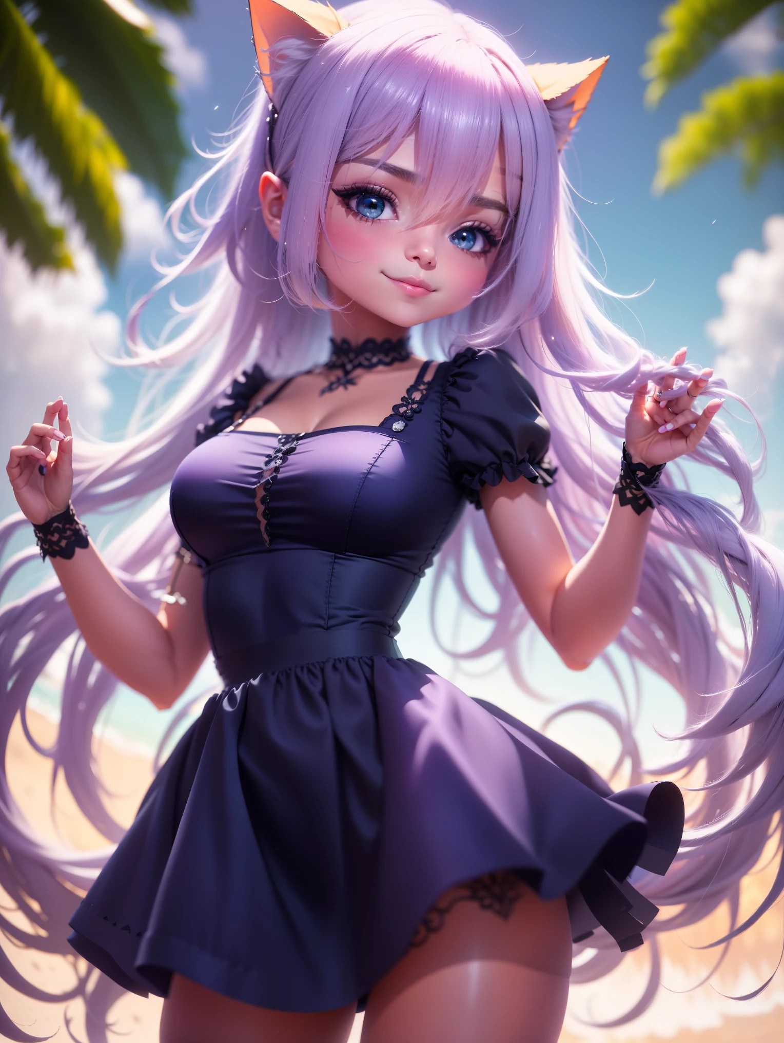 (Masterpiece artwork), (best qualityer), (ultra detali), (fully body: 1.2), Woman, adolescent, fantasy universe, light and detailed dress, clear smile, fully body, :3, badass clothing, princesselise, green hair tones, lilac and blue, simple pastel tone background.