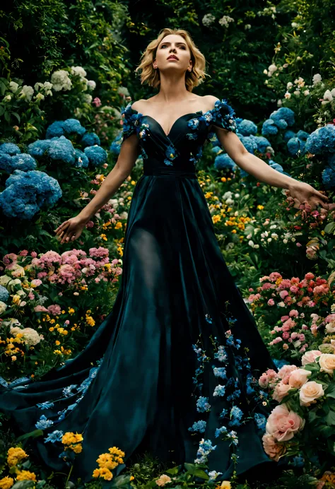 em um jardim perfumado, the blind woman (scarlett johansson), (25 anos), com um vestido longo preto claro com detalhes em flores...