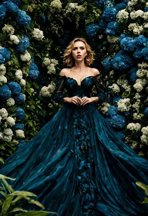 em um jardim perfumado, the blind woman (scarlett johansson), (25 anos), com um vestido longo preto claro com detalhes em flores...