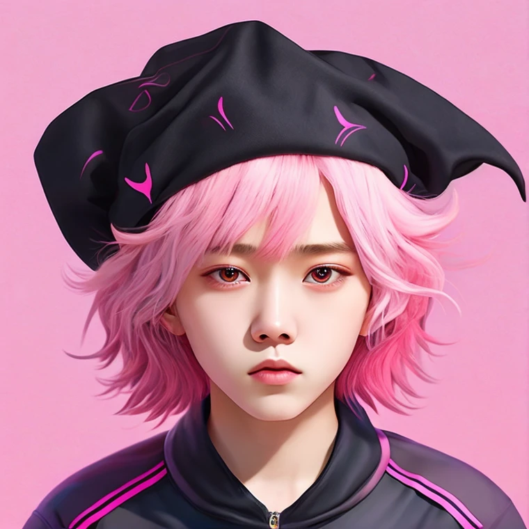 100 year Boy, black Bandana cap, Pink Hair, short side swept bangs, mullet, horns, Demon Tail, Gray Pink Tracksuit , Surrealism, Artist by Kim Sujeong, UHD