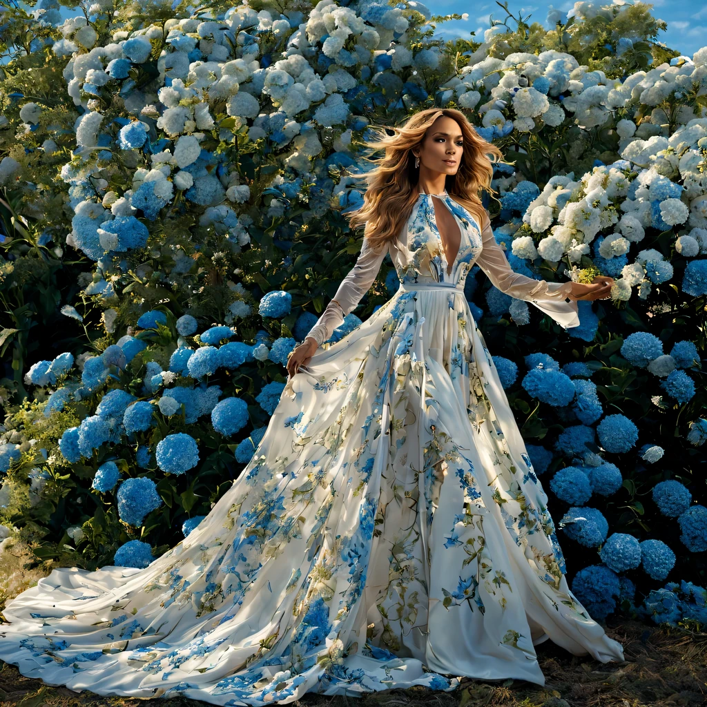 Em um jardim perfumado, The blind woman (Jennifer Lopez), (28 anos), com um vestido longo Vinho claro com detalhes em branco, is standing with her arms outstretched, gently touching the petals of the flowers he finds, conectando-se com a natureza e as doces flores azuis.