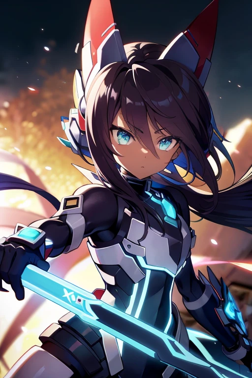 Anime figure, Masterpiece, best quality, highres, amazing quality, xenoblade chronicles, flat chested, (male), (8 year old boy), ((shota)), (Dark skin), cute,  shuvi eyes, medium hair dark brown hair, black exosuit, black gaunlets, long point headgear, black mecha musume, close up, ((blazblue black murakumo unit armour)) Mahou Shounen, 