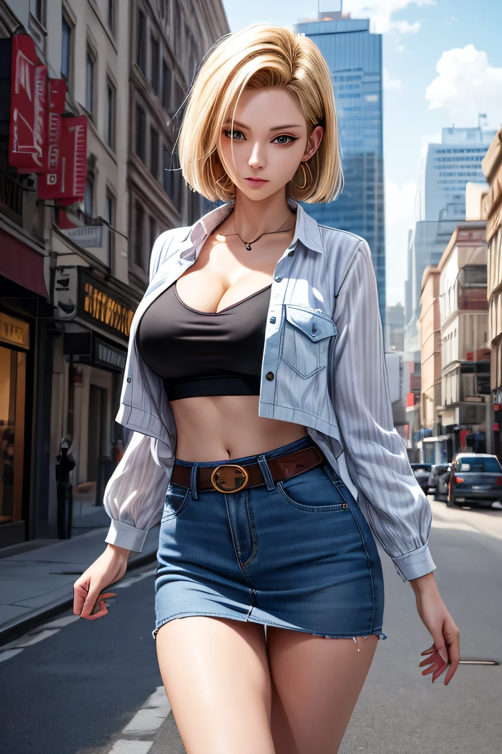 android 18, android 18, blonde hair, blue eyes, eyelash, hoop earrings, short hair, earrings, break belt, black legwear, black shirt, breast pocket, cleavage, clavicle, denim, denim skirt, high-waist skirt, jewelry, long sleeve, pocket, shirt, shirt tucked in, skirt, striped, striped sleeves, waistcoat,, break outdoors, city, null, cloud, sun, break looking at viewer, (cowboy shot:1.5), break (masterpiece:1.2), highest quality, High resolution, unity 8k wallpaper, (shape:0.8), (beautiful and detailed eyes:1.6), highly detailed face, perfect lighting, Very detailed CG, (perfect hands, perfect anatomy)