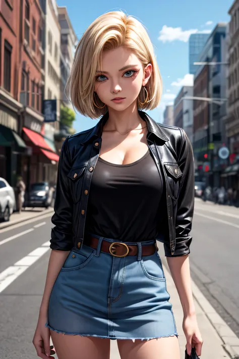 android 18, android 18, blonde hair, blue eyes, eyelash, hoop earrings, short hair, earrings, break belt, black legwear, black s...