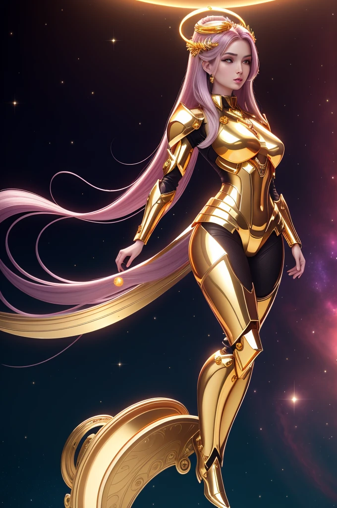 Surreal Beauty Chief, Gold armor，whole body, beauty，charming，sexy，Galaxy background highlights the halo in the background