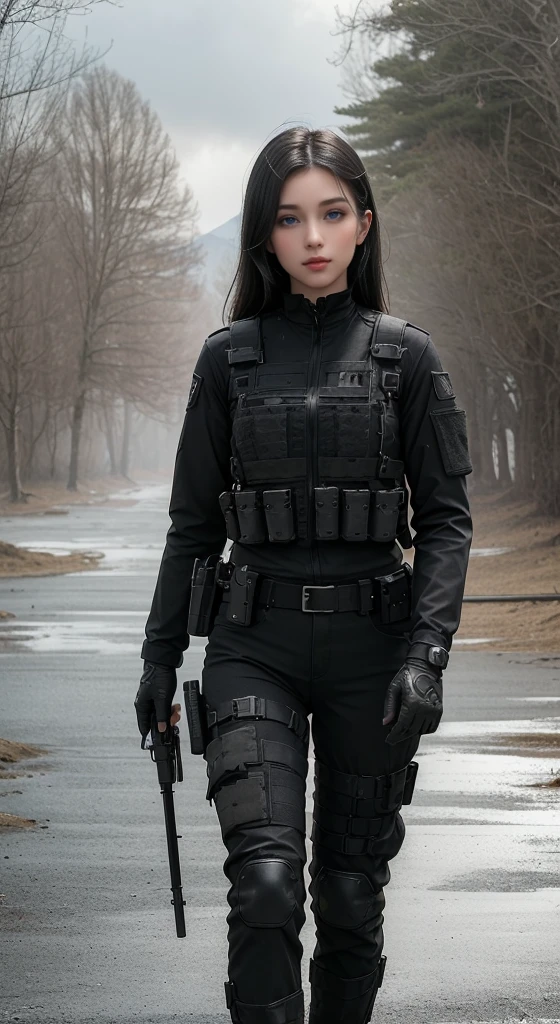 ((best quality)), ((masterpiece)), (detailed), beautiful lighting, best quality, realistic, full body portrait, real picture, intricate details, depth of field, 1girl, A very muscular solider girl with long haircut, around 20 years old wearing a black uniform holding a gun in the hallway, wearing black Swat tactical gear, photography of a techwear woman, dressed in black Swat tactical armor, black Swat tactical gear, Tactical vest and holster, Beautiful Female Soldier, Holding a rifle, closeup portrait shot, Have an MP7, holding rifle, special forces security, airsoft cqb, highly-detailed, perfect face, blue eyes, lips, wide hips, small waist, tall, make up, Fujifilm XT3, outdoors, bright day, Beautiful lighting, RAW photo, 8k UHD, film grain, ((bokeh)) (((Walking along a stream in a jungle, Fires, Smoke, debris, Camo netting, Ammo Boxes, Rain, Stormy, Wet, abstract beauty, near perfection, burning scene in the background, the forest is on fire, Mushroom Cloud, winner of the year's best photo, the world on fire, post-apocalyptic hellscape military photography, photo epic of the year, fire on the horizon, epic cinematic shot, pure form, intricate detail, 8k post-production, High resolution, super Detail, trending on ArtStation, sharp focus, studio photos, intricate detail, Very detailed,