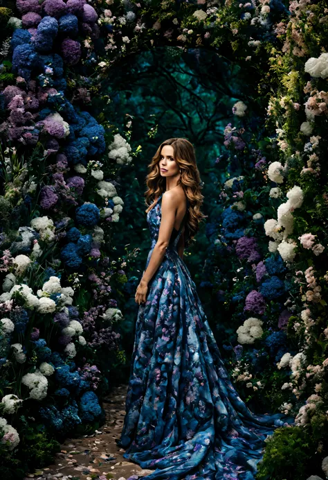 em um jardim perfumado, the blind woman (kate beckinsale), (22 anos), com um vestido longo cor ametista bem detalhes is standing...