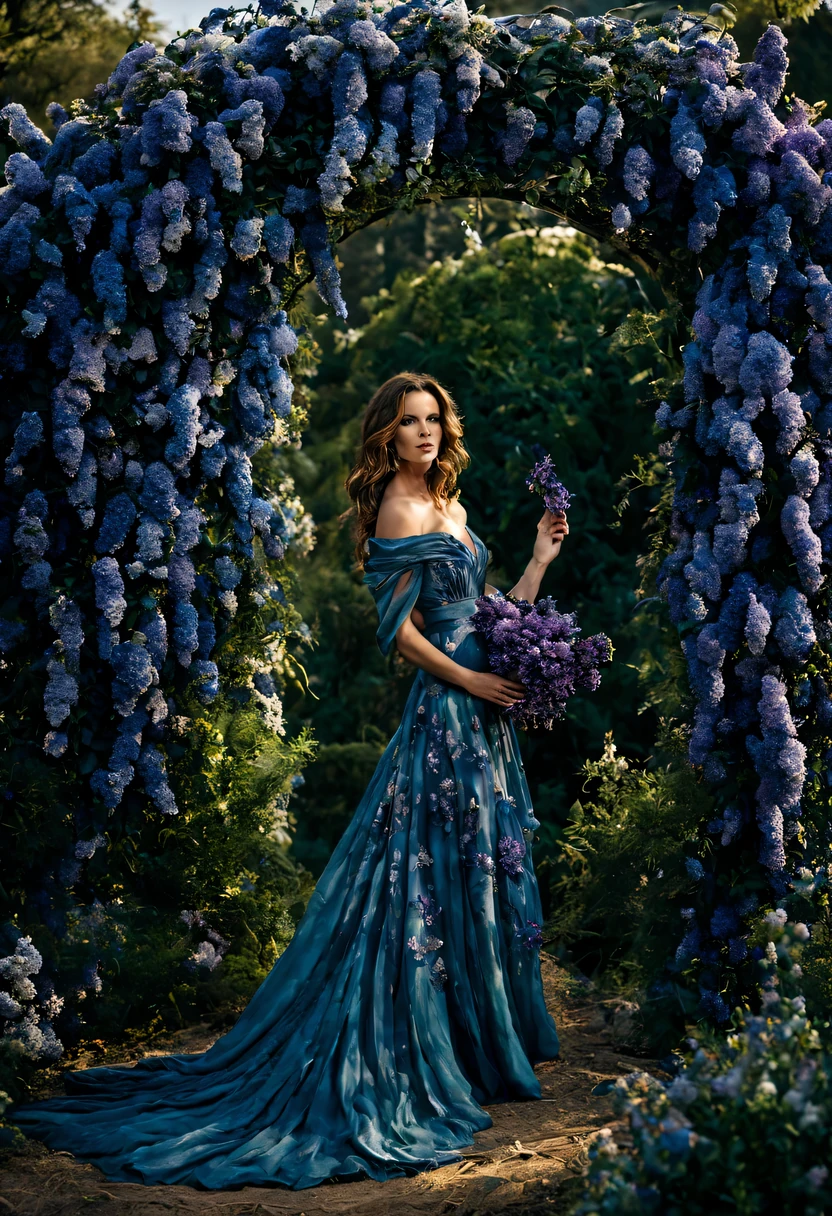 Dans un jardin parfumé, La femme aveugle (Kate Beckinsale), (22 ans), avec une longue robe améthyste avec de bons détails, elle est debout, les bras tendus, touchant doucement les pétales des fleurs qu&#39;il trouve, se connecter avec la nature et les douces fleurs bleues.