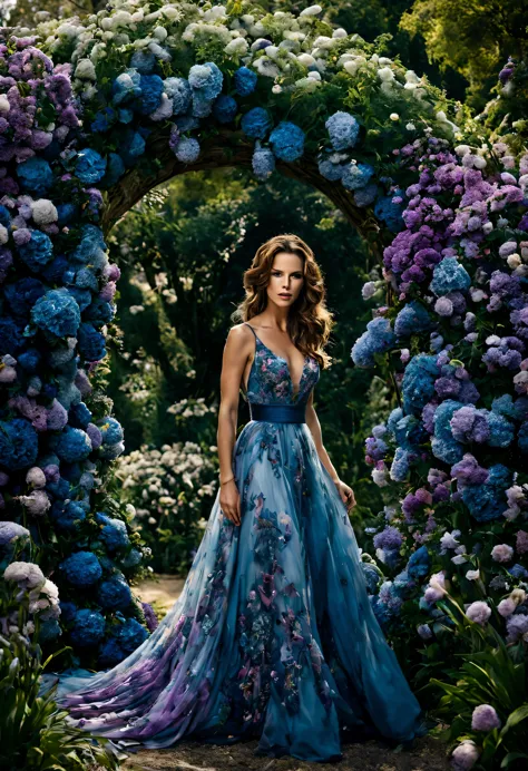 em um jardim perfumado, the blind woman (kate beckinsale), (22 anos), com um vestido longo cor ametista bem detalhes is standing...