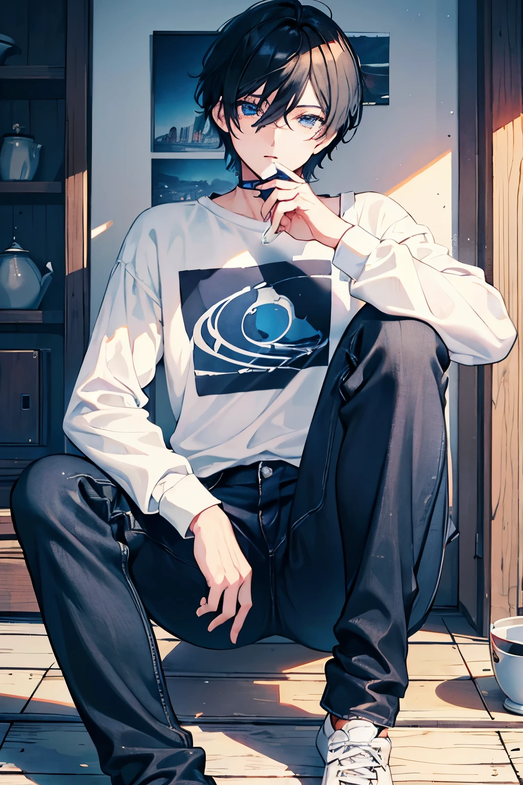 Anime boy sitting on the floor with his hand on his chin - SeaArt AI