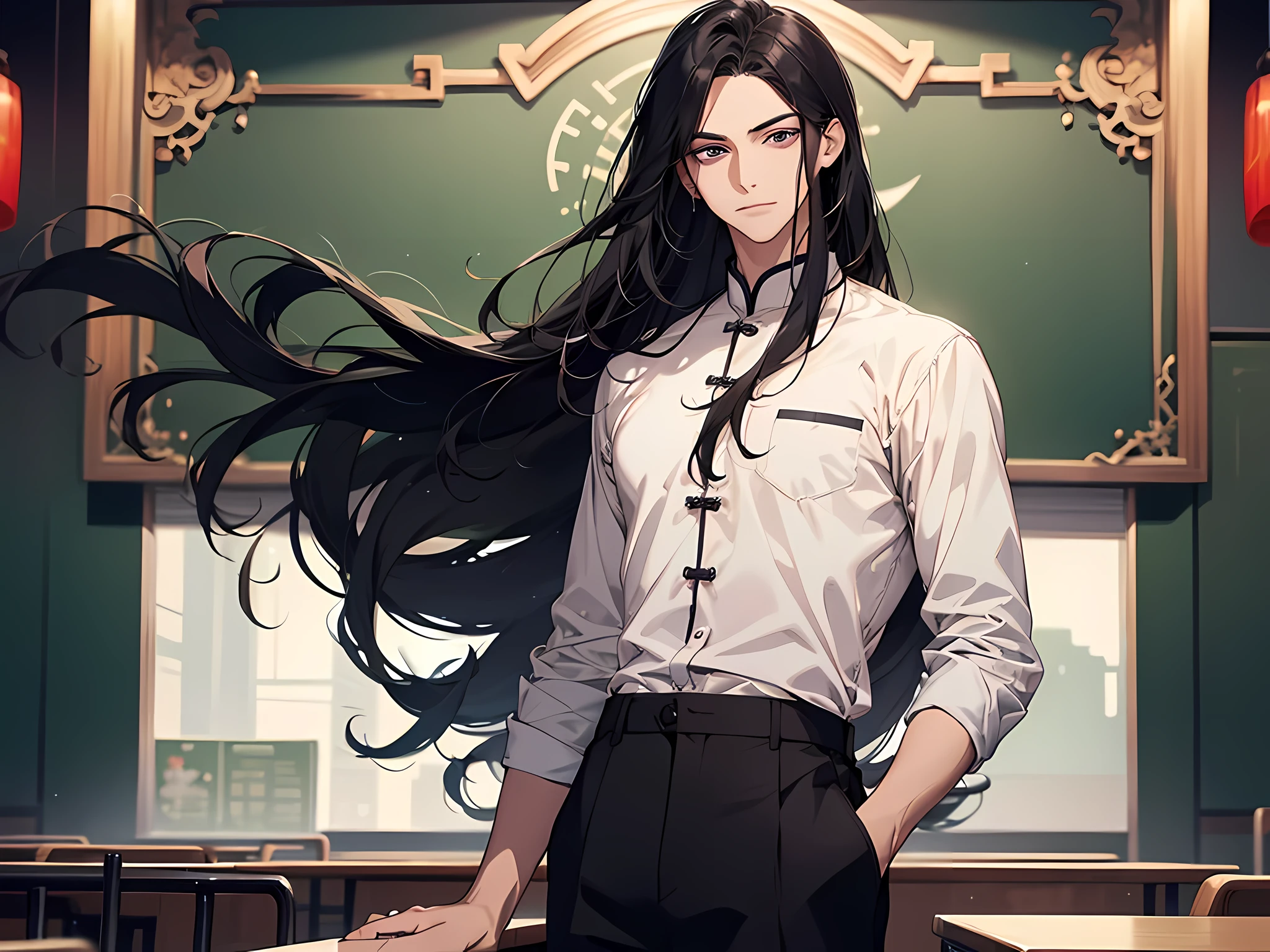 1 man, teacher, wearing white shirt, black long pants, black hair, long hair, face to detail, detailed eyes, the background is classroom in china